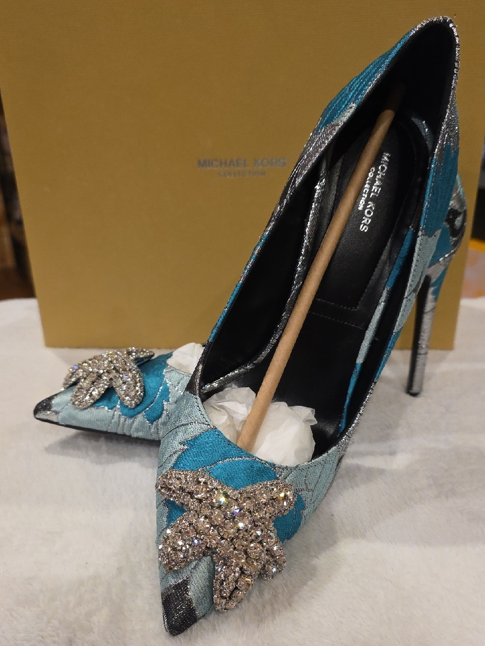 Michael Kors Teal and Silver Crystal-Embellished Pointed Pumps